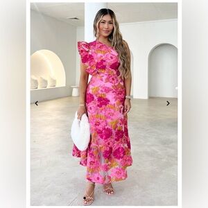 One Shoulder Midi Dress - Pink Jacquard